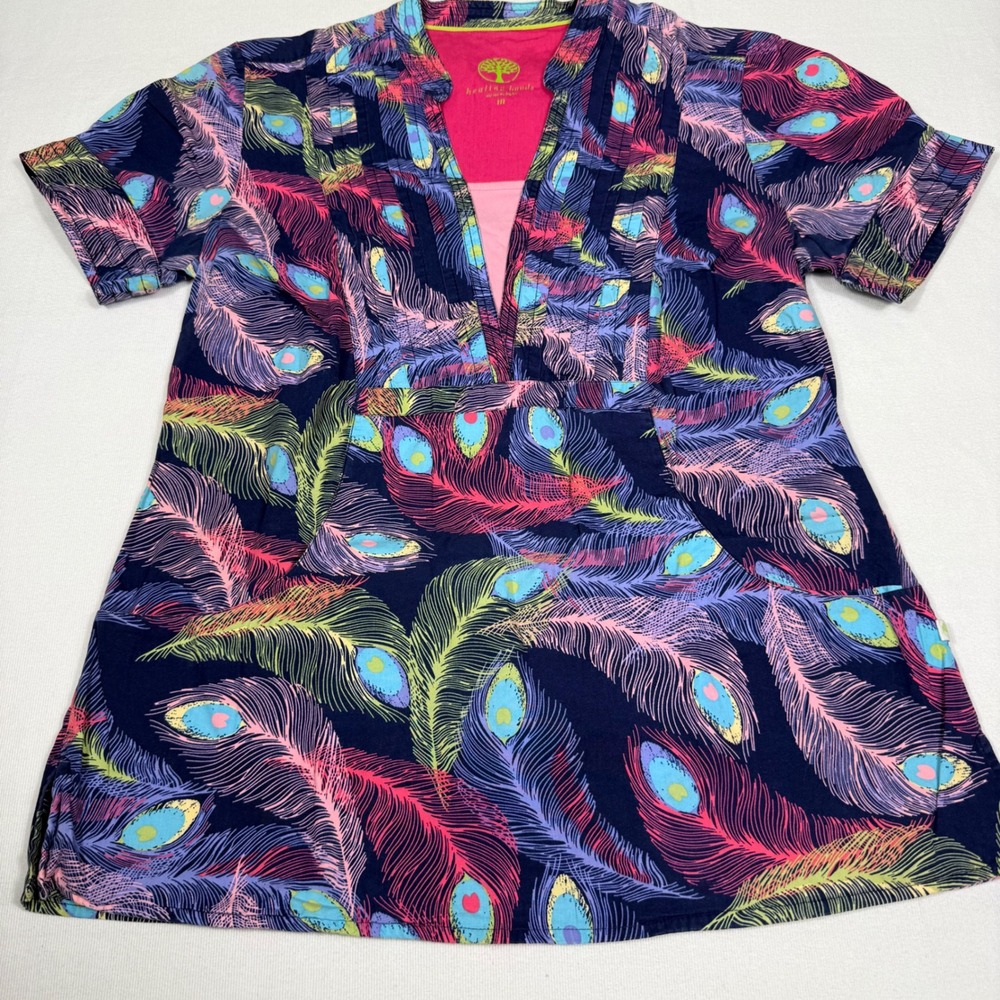 Healing Hands Scrub Top Medium Navy Pink Peacock Feather Print Cotton 2109